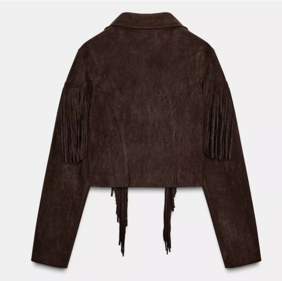 ZARA Fringe Faux Suede Jacket Brown Size Small S NEW - Picture 12 of 16